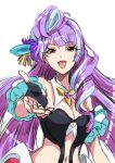  1girl :d black_gloves blue_hair breasts choker cleavage detached_sleeves fingerless_gloves floating_hair gloves hair_ornament long_hair looking_at_viewer macross macross_delta medium_breasts mikumo_guynemer multicolored_hair navel open_mouth outstretched_arm purple_hair red_eyes shiny shiny_hair sketch smile solo stomach tsukikage_oyama two-tone_hair upper_body very_long_hair white_background 