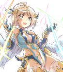  1girl armor elbow_gloves feathered_wings gloves hair_ornament highres ishiyumi leotard light_brown_hair looking_at_viewer navi_(p&amp;d) open_mouth promotions puzzle_&amp;_dragons short_hair simple_background solo thigh-highs white_background white_wings wings yellow_eyes 