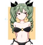  1girl anchovy angry arms_behind_back asutoro_(s--t) bangs bikini black_ribbon breasts closed_mouth collarbone commentary drill_hair embarrassed eyebrows_visible_through_hair flying_sweatdrops frown girls_und_panzer green_hair hair_ribbon half-closed_eyes highres long_hair looking_away medium_breasts navel o-ring o-ring_bikini outside_border red_eyes ribbon side-tie_bikini solo standing swimsuit twin_drills twintails 