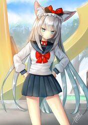  1girl :t alternate_costume animal_ear_fluff animal_ears azur_lane bangs blue_sailor_collar blue_skirt blue_sky blush bow breasts cat_ears choker closed_mouth clouds cloudy_sky commentary_request day eyebrows_visible_through_hair green_eyes hair_bow hammann_(azur_lane) hands_on_hips leaning_to_the_side long_hair long_sleeves outdoors pleated_skirt pout puffy_long_sleeves puffy_sleeves red_bow red_choker ribbon_choker sailor_collar sakurai_kouji school_uniform serafuku sidelocks signature silver_hair skirt sky small_breasts solo standing v-shaped_eyebrows very_long_hair 