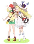  2girls bag beanie blonde_hair braid closed_eyes cosmog creatures_(company) dress duffel_bag game_freak gen_7_pokemon green_eyes green_shorts hand_holding handbag hat highres lillie_(pokemon) long_hair mizuki_(pokemon) multiple_girls nintendo one_eye_closed open_mouth poke_ball_theme pokemon pokemon_(game) pokemon_sm red_hat rowlet see-through shirt short_sleeves shorts simple_background sleeveless sleeveless_dress standing sun_hat tied_shirt twin_braids unapoppo white_background white_dress white_hat z-ring 