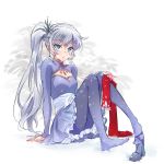  1girl blue_eyes earrings high_collar highres iesupa jewelry lace lace-trimmed_skirt long_hair long_sleeves one_shoe pantyhose pendant ponytail rwby scar scar_across_eye scarf side_ponytail single_shoe skirt snow solo tiara weiss_schnee white_hair 