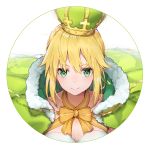  1girl artoria_pendragon_(all) artoria_pendragon_(swimsuit_archer) bangs black_cola blonde_hair bow breasts cloak closed_mouth crown eyebrows_visible_through_hair fate/grand_order fate_(series) fur-trimmed_cloak fur_trim green_cloak green_eyes hair_between_eyes heart heart-shaped_pupils highres long_hair medium_breasts sidelocks smile solo strapless strapless_swimsuit striped striped_bow swimsuit symbol-shaped_pupils white_background white_swimsuit yellow_bow 