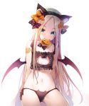  1girl abigail_williams_(fate/grand_order) animal_band_legwear animal_ear_fluff animal_ears bangs bare_shoulders black_bow black_bra black_panties black_wings blonde_hair blue_eyes blush bow bra cat_band_legwear cat_cutout cat_ear_panties cat_ears cat_lingerie cleavage_cutout collarbone commentary_request demon_wings eyebrows_visible_through_hair fake_animal_ears fate/grand_order fate_(series) flat_chest forehead frilled_bra frills groin hair_bow head_tilt highres long_hair meme_attire miwabe_sakura mouth_hold navel orange_bow panties parted_bangs polka_dot polka_dot_bow side-tie_panties simple_background solo underwear underwear_only very_long_hair white_background wings 