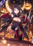 1girl akkijin ass_visible_through_thighs balloon bare_shoulders bat_wings black_cape black_feathers black_hair boots breasts candle candle_wax candlelight cape card_(medium) crescent_moon demon_girl demon_wings feathers gloves hair_ornament halloween halloween_costume holding holding_weapon large_breasts long_hair looking_at_viewer looking_down moon night night_sky official_art polearm pumpkin red_eyes red_footwear red_gloves red_ribbon ribbon rooftop shinkai_no_valkyrie sky thigh-highs trident underwear weapon wings 
