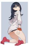  1girl bangs black_hair blue_eyes cardigan kneeling long_hair long_sleeves looking_at_viewer orange_scrunchie school_uniform scrunchie seinen socks ssss.gridman takarada_rikka thighs wrist_scrunchie 