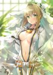  1girl bangs belt_buckle blonde_hair blurry blurry_background blurry_foreground blush bodysuit breasts brown_belt buckle center_opening chains cleavage commentary_request day depth_of_field eyebrows_visible_through_hair fate/extra fate/extra_ccc fate_(series) flower full-length_zipper gloves green_eyes hair_between_eyes hair_bun kagachi_saku lock long_sleeves medium_breasts navel nero_claudius_(bride)_(fate) nero_claudius_(fate)_(all) padlock parted_lips see-through sidelocks signature solo sunlight unzipped veil white_bodysuit white_flower white_gloves window zipper 
