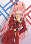  1girl :p absurdres arm_up artist_name bangs buttons commentary_request darling_in_the_franxx dress eyebrows_visible_through_hair fingernails green_eyes hairband hand_on_hip highres long_hair nail_polish oni_horns pawoo_username pink_hair rainys_bill red_dress red_horns red_nails solo standing tongue tongue_out twitter_username very_long_hair white_hairband zero_two_(darling_in_the_franxx) 