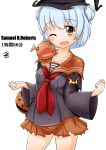  1girl adapted_costume character_name collarbone halloween hat kantai_collection looking_at_viewer one_eye_closed open_mouth pumpkin samuel_b._roberts_(kantai_collection) short_hair simple_background solo thighs tsukino_murakumo white_background witch_hat yellow_eyes 