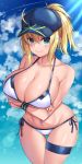  1girl ahoge artoria_pendragon_(all) bangs bare_shoulders baseball_cap beeyan bikini blonde_hair blue_eyes blue_hat blue_sky blush breast_hold breasts cleavage closed_mouth collarbone crossed_arms fate/grand_order fate_(series) hair_between_eyes hair_through_headwear hat highres hips large_breasts long_hair looking_at_viewer mysterious_heroine_xx_(foreigner) navel ponytail side-tie_bikini sky smile solo swimsuit thigh_strap thighs waist white_bikini wristband 