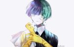  1other androgynous bangs blue_eyes blue_hair blunt_bangs colored_eyelashes crack cracked crying crying_with_eyes_open crystal_hair eyebrows_visible_through_hair eyes_visible_through_hair gem gem_uniform_(houseki_no_kuni) golden_arms green_eyes green_hair heterochromia highres houseki_no_kuni multicolored_hair necktie phosphophyllite phosphophyllite_(ll) see-through short_hair solo spoilers tears transformation upper_body white_skin 