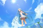  1girl ahoge blue_eyes blue_hair blue_sky bridal_gauntlets day dress floating_hair from_below granblue_fantasy lens_flare long_hair looking_at_viewer lyria_(granblue_fantasy) outdoors rowya shiny shiny_hair short_dress sky sleeveless sleeveless_dress smile solo standing sun sunlight thighlet very_long_hair white_dress 