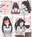  1boy 1girl admiral_(kantai_collection) alternate_costume alternate_hairstyle black_hair blush breasts brown_hair closed_eyes closed_mouth comic eating epaulettes food hair_ribbon hat highres isokaze_(kantai_collection) kantai_collection kappougi long_hair medium_breasts military military_hat military_uniform naval_uniform open_mouth peaked_cap red_eyes remodel_(kantai_collection) ribbon short_hair sitting smile sweat sweatdrop tama_(seiga46239239) translation_request uniform 