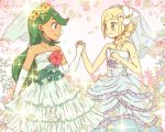  2girls alternate_hairstyle artist_request blonde_hair blush bridal_veil collar collarbone creatures_(company) dress floral_background flower game_freak green_eyes green_hair hair_flower hair_ornament hand_holding lillie_(pokemon) lily_(flower) long_hair looking_at_another mallow_(pokemon) multiple_girls nintendo pink_background pokemon pokemon_(anime) pokemon_(game) pokemon_sm sleeveless sleeveless_dress smile sparkle veil wedding_dress wife_and_wife yuri 