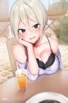  1girl arm_at_side bangs bare_shoulders black_eyes blonde_hair blurry blush breast_rest breasts casual chair cleavage collarbone cup depth_of_field drinking_glass drinking_straw earrings elbow_rest eyebrows_visible_through_hair floral_print glass hair_between_eyes head_tilt highres idolmaster idolmaster_cinderella_girls idolmaster_cinderella_girls_starlight_stage jewelry juice large_breasts looking_at_viewer off-shoulder_shirt open_mouth orange_juice parted_bangs parted_lips rose_print sakiryo_kanna shiny shiny_skin shiomi_shuuko shirt short_hair signature sitting smile solo table upper_body white_shirt 