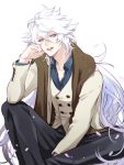  1boy :d black_pants brown_scarf fate_(series) jacket long_hair looking_at_viewer male_focus merlin_(fate) open_mouth pants scarf sitting smile solo very_long_hair violet_eyes white_background zuwai_kani 