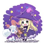  1girl adapted_costume alolan_form alolan_vulpix blonde_hair chibi creatures_(company) dress drifblim game_freak gen_1_pokemon gen_4_pokemon gen_6_pokemon gourgeist green_eyes halloween_basket halloween_costume hat lillie_(pokemon) long_hair mismagius nintendo open_mouth pokemon pokemon_(anime) pokemon_(creature) pokemon_sm_(anime) pumpkaboo putto sleeveless sleeveless_dress star zubat 