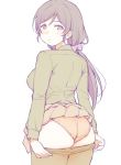  1girl ass black_legwear blush breasts deyuuku green_shirt hair_ornament hair_scrunchie long_hair long_sleeves looking_back love_live! love_live!_school_idol_project muted_color panties pantyhose pantyhose_pull pleated_skirt purple_hair purple_scrunchie scrunchie shirt simple_background skirt skirt_lift solo toujou_nozomi twintails underwear white_background 