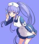  1girl apron armband bangs blue_background blue_dress blue_eyes blue_hair blush breasts caster_lily collarbone dress fate/grand_order fate_(series) hair_between_eyes hat large_breasts leaning_forward long_hair looking_at_viewer nurse nurse_cap open_mouth pointy_ears ponytail sidelocks simple_background small_breasts solo syringe thighs very_long_hair vivivivi 