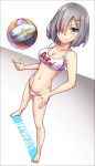  1girl alternate_costume ball barefoot bikini blue_eyes blush breasts closed_mouth eyes_visible_through_hair full_body gradient gradient_background hair_ornament hair_over_one_eye hairclip hamakaze_(kantai_collection) highres kantai_collection looking_at_viewer medium_breasts silver_hair simple_background solo standing swimsuit tom_(drpow) volleyball white_background 