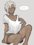  1girl breasts cleavage commentary_request dark_skin frown grey_hair highres invisible_chair large_breasts menoo_(meno1921) milla_(menoo) original scar shirt short_hair shorts sitting solo spoken_blush sweatdrop t-shirt 