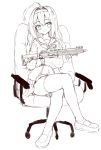 1girl absurdres ahoge bangs blush chair commentary_request eyebrows_visible_through_hair full_body greyscale gun hair_between_eyes hair_intakes hairband head_tilt highres holding holding_gun holding_weapon jacket legs_crossed loafers long_hair long_sleeves monochrome office_chair on_chair open_clothes open_jacket original parted_lips pleated_skirt sailor_collar shoes simple_background sitting sketch skirt solo tandohark thigh-highs weapon weapon_request white_background 