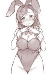  1girl animal_ears blush bow bowtie breasts bunnysuit cleavage cowboy_shot detached_collar deyuuku greyscale groin hair_over_shoulder highleg highleg_leotard large_breasts leotard long_hair looking_at_viewer love_live! love_live!_school_idol_project low-tied_long_hair monochrome nose_blush rabbit_ears smile solo steepled_fingers sweatdrop thigh_gap toujou_nozomi wrist_cuffs 