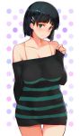  1girl arm_behind_back bare_shoulders black_hair blush breasts chromatic_aberration closed_mouth collarbone dress eyebrows_visible_through_hair green_eyes hair_ornament hairclip head_tilt highres kirigaya_suguha kurowa large_breasts looking_at_viewer off-shoulder_sweater polka_dot polka_dot_background short_hair sleeves_past_wrists solo striped striped_sweater sweater sweater_dress sword_art_online white_background 