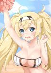  1girl alternate_costume blonde_hair blue_eyes blue_sky blush breasts clouds eyebrows_visible_through_hair gambier_bay_(kantai_collection) hair_between_eyes hairband hakumenman hand_up highres kantai_collection large_breasts open_mouth sky solo swimsuit twintails 