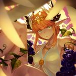  1girl bare_shoulders breasts circe_(fate/grand_order) circlet fate/grand_order fate_(series) green_eyes long_hair looking_at_viewer medium_breasts orange_hair pointy_ears solo tef upper_body 
