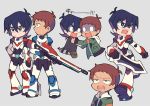  2boys black_hair blue_eyes bodysuit brown_hair dark_skin dark_skinned_male grey_eyes gun hood hoodie keith_(voltron) lance_(voltron) male_focus miyata_(lhr) multiple_boys open_mouth rifle shaded_face sword tears voltron:_legendary_defender weapon 