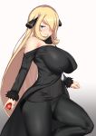  1girl aster_crowley bare_shoulders blonde_hair blue_eyes breasts creatures_(company) curvy game_freak hair_ornament hair_over_one_eye highres hips huge_breasts leg_lift long_hair looking_at_viewer nintendo pokemon pokemon_(game) pokemon_dppt shirona_(pokemon) simple_background solo thick_thighs thighs very_long_hair white_background 