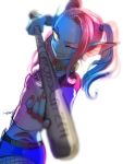  1girl baseball_bat breasts cosplay dc_comics harley_quinn harley_quinn_(cosplay) highres jacket long_hair looking_at_viewer makeup multicolored_hair noaharbre shirt shorts smile solo suicide_squad teeth twintails undertale undyne yellow_sclera 