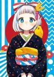  1girl absurdres animal animal_on_shoulder aqua_eyes bangs bird black_kimono blue_background blunt_bangs bob_cut bow chick commentary_request dots feathers flower hair_bow hair_feathers hair_ornament heart heart_hair_ornament highres japanese_clothes kimono long_sleeves looking_at_viewer looking_past_viewer multicolored_sash nengajou new_year original pink_heart rainys_bill red_bow red_sun sash short_hair silver_hair solo striped striped_background striped_bow striped_sash two-tone_background two-tone_bow v_arms white_background white_bow yellow_feathers 
