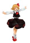  1girl :d ahoge ascot black_skirt black_vest blonde_hair bobby_socks collared_shirt frilled_shirt_collar frills full_body hair_ribbon highres legs_together long_sleeves looking_at_viewer mary_janes nail_polish open_mouth outstretched_arms red_eyes red_footwear red_nails red_neckwear red_ribbon ribbon rumia shidaccc shirt shoes short_hair simple_background skirt skirt_set smile socks solo spread_arms standing touhou vest white_background white_legwear white_shirt wing_collar 