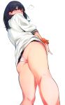  1girl ass black_hair black_skirt blue_eyes cardigan from_behind from_below fume highres kneepits kurowa long_hair panties school_uniform scrunchie simple_background skirt skirt_lift solo ssss.gridman standing takarada_rikka thighs underwear white_background white_panties wrist_scrunchie 