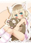 1girl :t animal_ear_fluff animal_ears bangs bare_arms bare_shoulders blonde_hair blush brown_background camisole cat_ears cat_girl cat_tail closed_mouth eyebrows_visible_through_hair fingernails green_eyes highres kneehighs lace_border long_hair looking_at_viewer loungewear mitsuru_(habihapi) object_hug original polka_dot polka_dot_background pout short_shorts shorts sitting solo striped striped_camisole striped_legwear stuffed_animal stuffed_toy tail tail_raised teddy_bear two-tone_background v-shaped_eyebrows white_shorts 