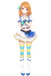  1girl absurdres aozora_jumping_heart aqua_bow bangs belt blue_nails boots bow brown_hair earrings eyebrows_visible_through_hair frilled_skirt frills hair_bow head_tilt highres idol index_finger_raised jewelry knee_boots layered_skirt long_hair looking_at_viewer love_live! love_live!_sunshine!! midriff miniskirt nail_polish navel original red_eyes shiny shiny_hair shirt short_sleeves simple_background skirt smile solo standing stomach striped striped_bow striped_legwear sudach_koppe swept_bangs thigh-highs white_background white_footwear white_shirt white_skirt zettai_ryouiki 