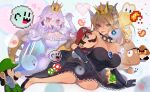  1up 2boys 2girls big_nose black_dress black_gloves blonde_hair blue_earrings blue_eyes blue_tongue boo borrowed_design bowsette bracelet breasts choker cleavage collar crown dress earrings elbow_gloves eyebrows_visible_through_hair facial_hair fangs fire frilled_collar frilled_gloves frills ghost ghost_girl gloves goomba hat heart highres horns jewelry koopa_troopa large_breasts looking_at_another luigi lying mario super_mario_bros. multiple_boys multiple_girls mustache natsume-same new_super_mario_bros._u_deluxe nintendo on_side pale_skin pixelated pointy_ears ponytail princess_king_boo puffy_short_sleeves puffy_sleeves sharp_teeth shell short_sleeves smile spiked_bracelet spiked_choker spiked_tail spikes strapless strapless_dress super_crown super_mario_bros. teeth tongue tongue_out transparent turtle_shell violet_eyes white_dress white_gloves white_hair 