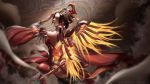  1girl arm_behind_back bare_shoulders bird brown_hair detached_collar detached_sleeves headdress highres liang_xing mechanical_wings mercy_(overwatch) mural overwatch phoenix showgirl_skirt staff tagme thigh-highs wings zettai_ryouiki zhuque_mercy 