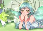  1girl aqua_hair bang_dream! blush chin_rest clenched_hands commentary_request detached_sleeves deyuuku dress eyebrows_visible_through_hair fairy_wings flower green_eyes grin hair_flower hair_ornament hikawa_hina lying on_stomach photo-referenced plant potted_plant short_hair side_braids smile solo white_flower wings 