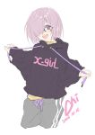  1girl :d alternate_costume bangs black-framed_eyewear black_hoodie commentary_request cowboy_shot dated drawstring fate/grand_order fate_(series) glasses grey_pants hair_over_one_eye head_tilt highres holding hood hood_down hoodie long_sleeves looking_at_viewer mash_kyrielight open_mouth pants pink_hair round_teeth signature simple_background sketch smile solo sweatpants teeth upper_teeth violet_eyes white_background xiao_chichi 
