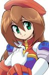  1girl android beret brown_hair capcom gloves green_eyes hair_between_eyes hands_on_own_chest hat highres iris_(rockman_x) long_hair looking_at_viewer naomim729 rockman rockman_x rockman_x4 simple_background sketch smile solo white_background white_gloves 