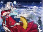  1boy 1girl architecture black_legwear blue_flower breasts brown_hair copyright_request detached_sleeves dress east_asian_architecture fan finger_to_mouth flower folding_fan full_moon grey_hair hair_flower hair_ornament large_breasts long_hair moon night night_sky official_art ogino_atsuki outdoors petals ponytail red_dress red_eyes sideboob silk silver_hair sky standing thigh-highs very_long_hair wide_sleeves 