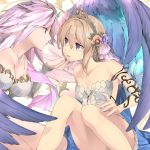  2girls :d :o angel_wings bare_legs bare_shoulders blonde_hair blue_eyes bracer breasts chin_grab cleavage collarbone couple crown dress europa_(granblue_fantasy) eye_contact eyebrows_visible_through_hair feathers female flower gabriel_(granblue_fantasy) granblue_fantasy hair_between_eyes hair_flower hair_ornament hand_up highres imminent_kiss large_breasts lavender_hair legs light_brown_hair lips looking_at_another multiple_girls naruse_hirofumi neck open_mouth rose short_dress short_hair sitting small_breasts smile strapless strapless_dress wings yuri 