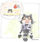  1girl :d ^_^ animal_ears artist_name black_skirt blush cake chibi closed_eyes closed_eyes commentary_request common_raccoon_(kemono_friends) dreaming eating fang food fruit fur_collar in_food kemono_friends lying on_back open_mouth oversized_food panzuban raccoon_ears raccoon_tail skirt sleeping smile solo strawberry tail twitter_username 