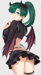  1girl absurdres ass bangs blush breasts bridal_gauntlets commentary_request cross cross_earrings demon_girl demon_wings earrings eyebrows_visible_through_hair fire_emblem fire_emblem:_rekka_no_ken green_eyes green_hair halloween_costume highres horns jewelry long_hair long_sleeves looking_at_viewer looking_back lyndis_(fire_emblem) medium_breasts midriff miniskirt nintendo ormille panties pink_panties ponytail shiny shiny_hair shiny_skin simple_background skirt smile solo thigh_strap tongue tongue_out underwear wings 