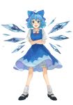  1girl :d ahoge black_footwear bloomers blue_bow blue_dress blue_eyes blue_hair bobby_socks bow cirno collared_shirt commentary crossed_arms dress full_body hair_bow highres ice ice_wings legs_apart looking_at_viewer mary_janes neck_ribbon open_mouth puffy_short_sleeves puffy_sleeves red_ribbon ribbon shidaccc shirt shoes short_hair short_sleeves simple_background smile socks solo standing touhou underwear v-shaped_eyebrows white_background white_shirt wing_collar wings 