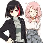  2girls akasata bang_dream! bangs belt black_hair black_jacket blush bob_cut breasts closed_eyes grey_sweater heart jacket large_breasts leather leather_jacket long_sleeves low_twintails lowres mitake_ran multicolored_hair multiple_girls parted_lips pink_hair red_eyes redhead ribbed_sweater short_hair simple_background skirt smile streaked_hair studded_belt sweater turtleneck turtleneck_sweater twintails uehara_himari white_background 