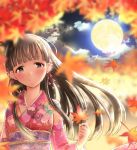  1girl autumn autumn_leaves bangs blunt_bangs blurry blurry_foreground blush brown_eyes brown_hair closed_mouth clouds commentary_request depth_of_field eyebrows_visible_through_hair floating_hair floral_print flower full_moon hair_flower hair_ornament head_tilt holding holding_leaf idolmaster idolmaster_cinderella_girls japanese_clothes kimono kobayakawa_sae leaf long_hair long_sleeves looking_at_viewer moon moonlight night night_sky obi print_kimono ram_hachimin sash sky smile solo straight_hair upper_body wide_sleeves 